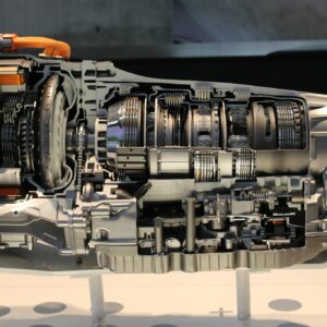 Detailed view of a car transmission cutaway, showcasing internal mechanisms.